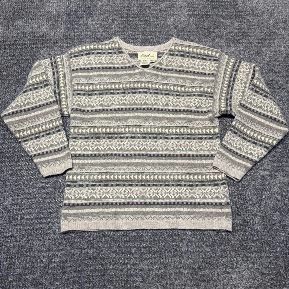 Eddie Bauer Womens Fair Isle Sweater Medium Gray Recycled Wool Pullover‎ Vintage